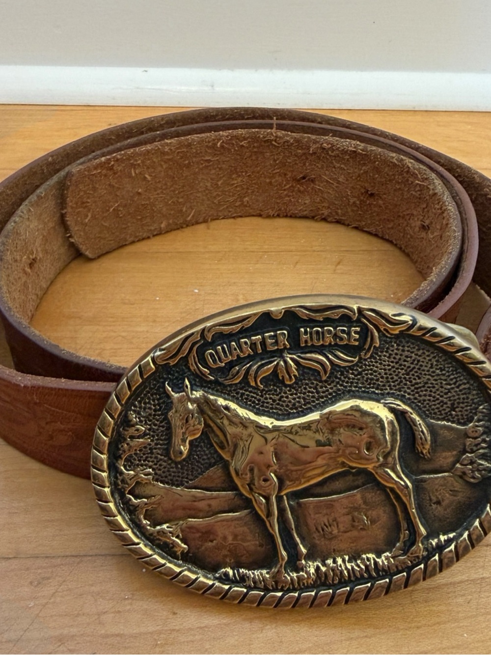 1970s Quarter Horse Solid Brass USA Suede Belt
